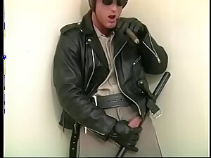 Husky homo stud in police uniform rubs his cock suck up to it spits cum on his hand