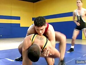 Sporty gays fucking well in threesome